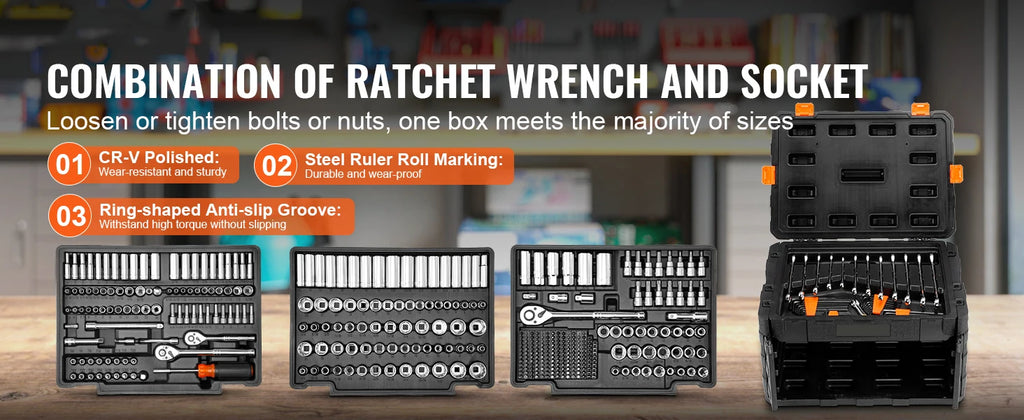 Mechanics Tool Set and Socket Set 1/4" 3/8" 1/2" Drive Deep Standard Sockets 450 Pcs