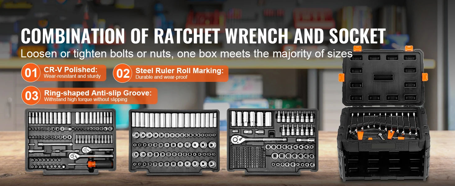 Mechanics Tool Set and Socket Set 1/4" 3/8" 1/2" Drive Deep Standard Sockets 450 Pcs