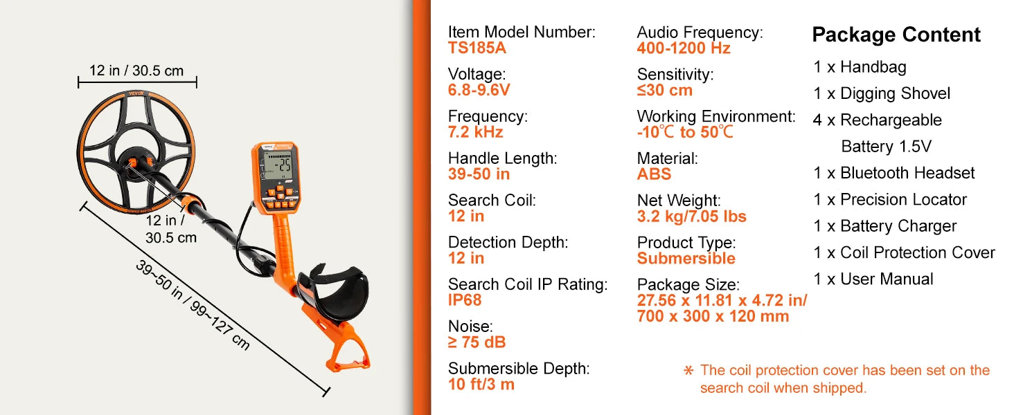 Rechargeable Metal Detector 12" IP68 Waterproof Coil 39-50 in Adjustable + LCD 7Modes