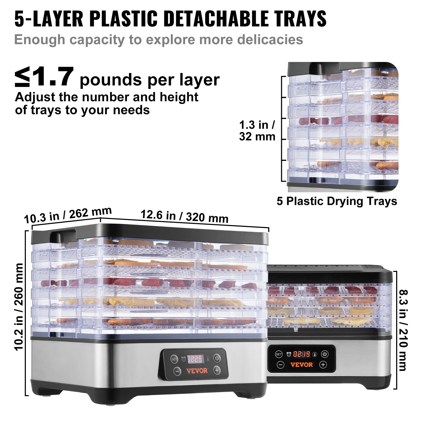 5 Tray Food Dehydrator Machine 300W Stainless Steel Electric Food Dryer