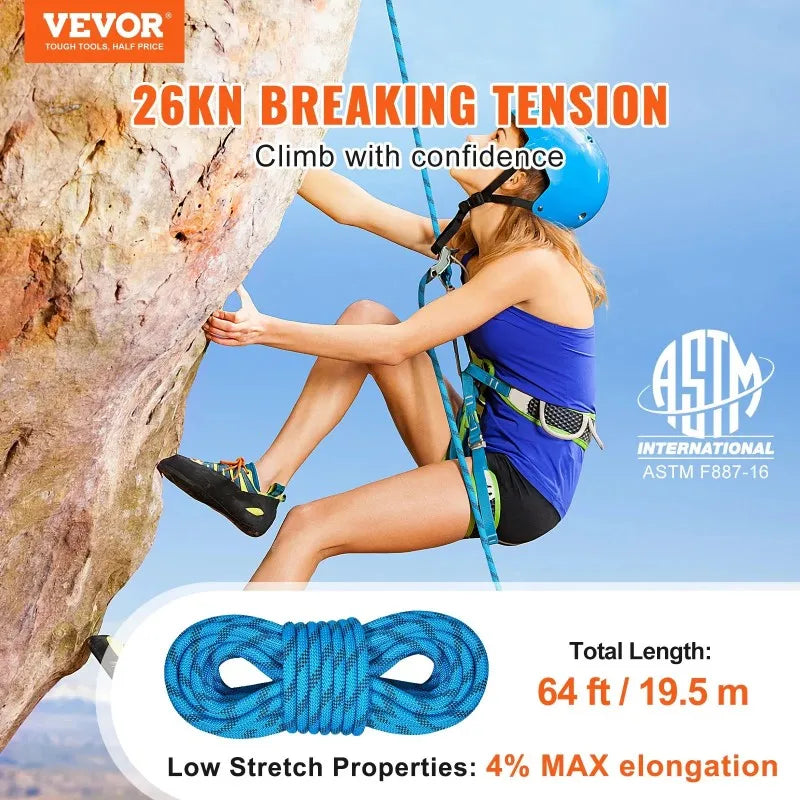 Static Climbing Rope, 64 ft Outdoor Rock Climbing Rope, 0.4'' /10mm High Strength