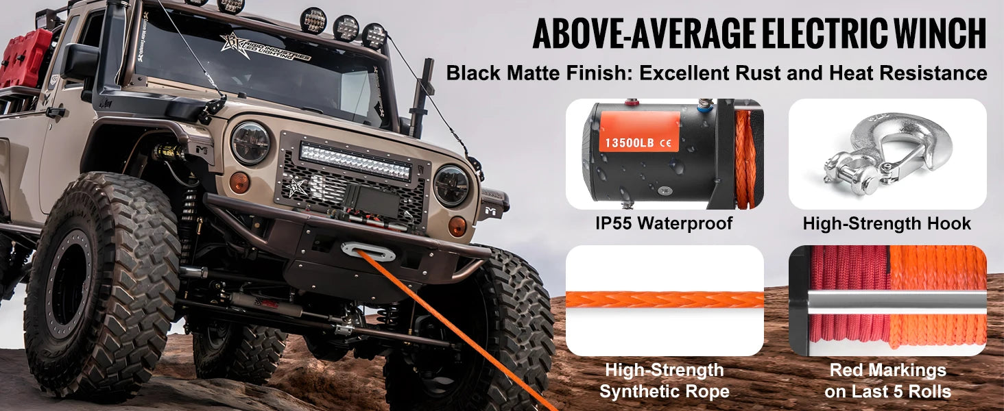 13500lbs Electric Winch Truck Winch with 80ft Synthetic Rope Wireless & Wired Remote Control