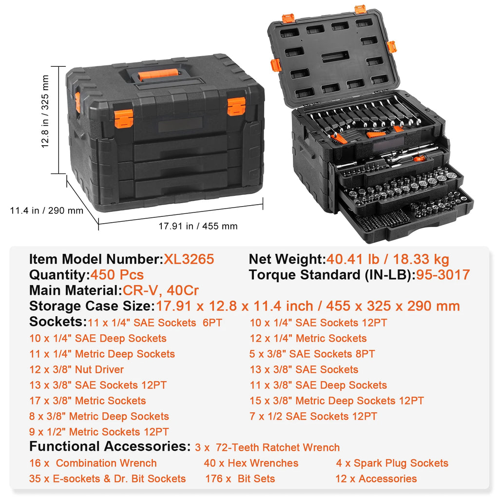 Mechanics Tool Set and Socket Set 1/4" 3/8" 1/2" Drive Deep Standard Sockets 450 Pcs