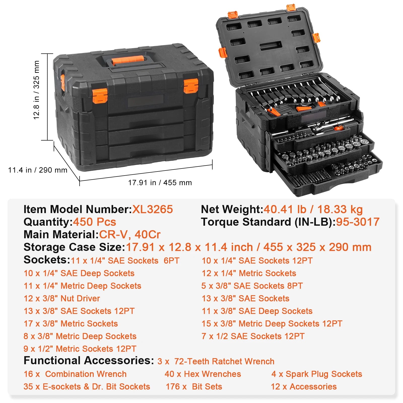 Mechanics Tool Set and Socket Set 1/4" 3/8" 1/2" Drive Deep Standard Sockets 450 Pcs