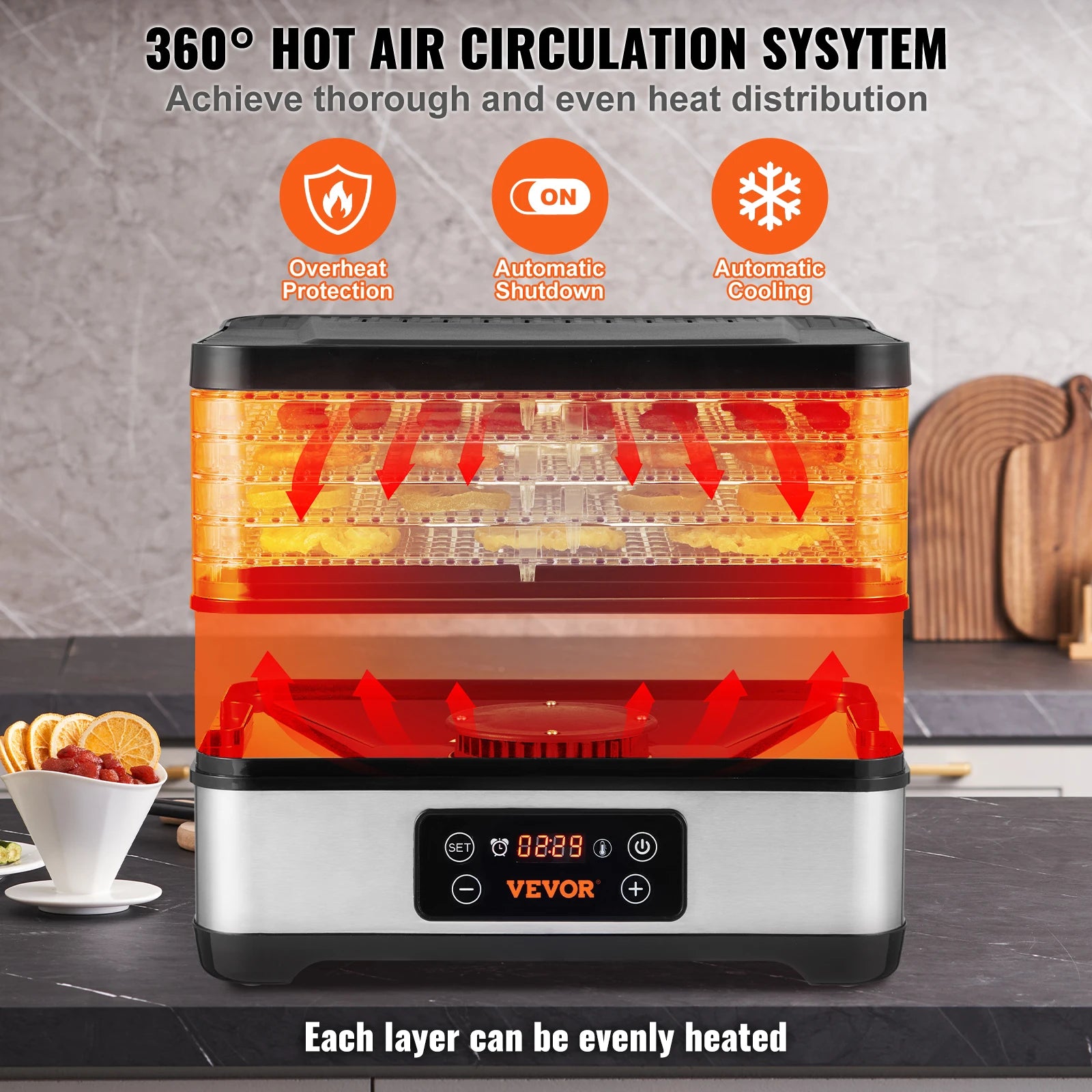 5 Tray Food Dehydrator Machine 300W Stainless Steel Electric Food Dryer
