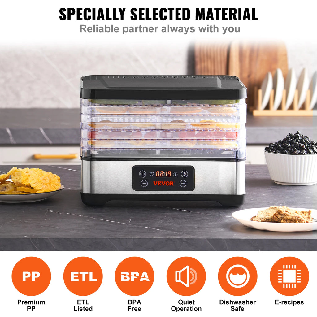 5 Tray Food Dehydrator Machine 300W Stainless Steel Electric Food Dryer