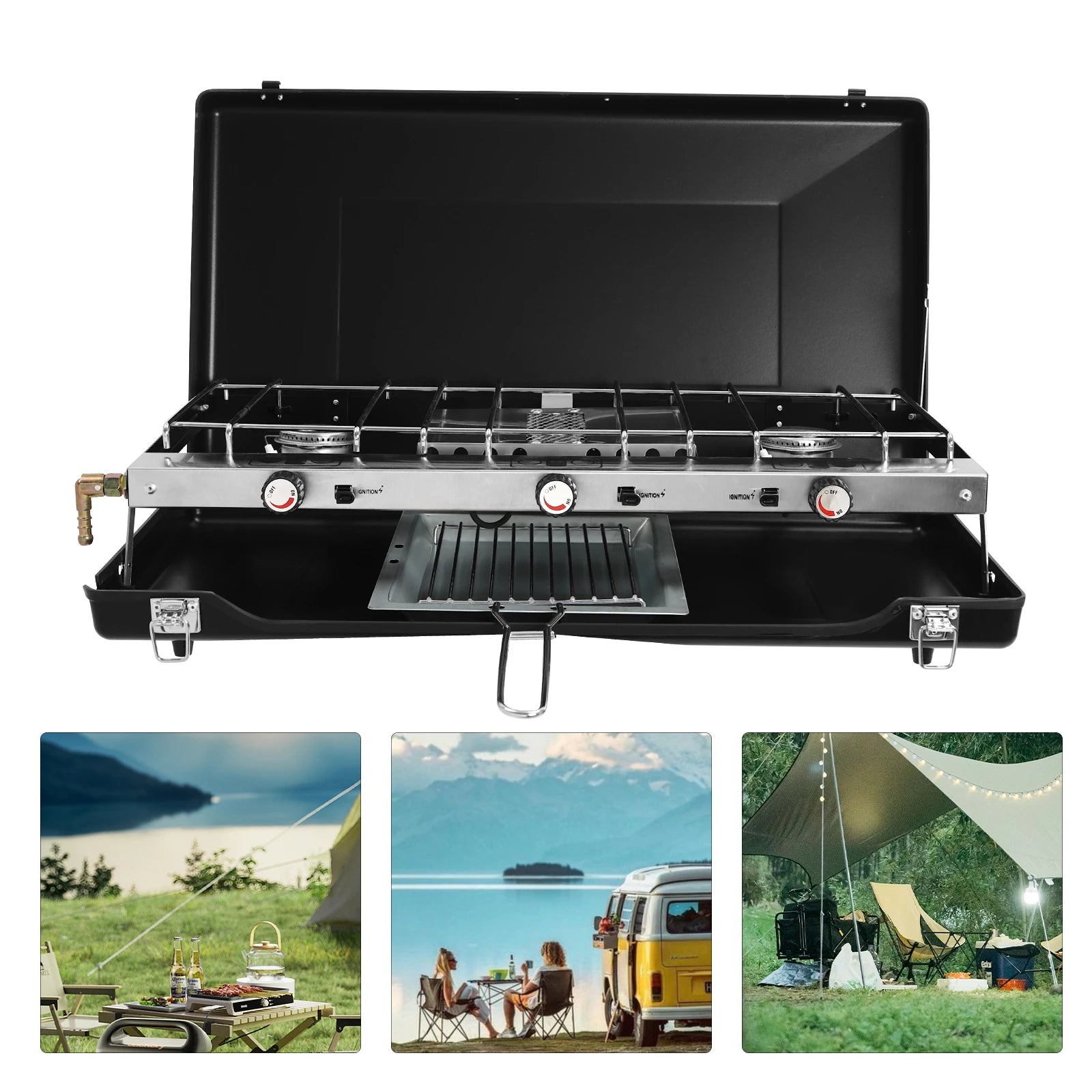 Portable Camping Stove with Griddle 3 Burner Propane Gas Stove