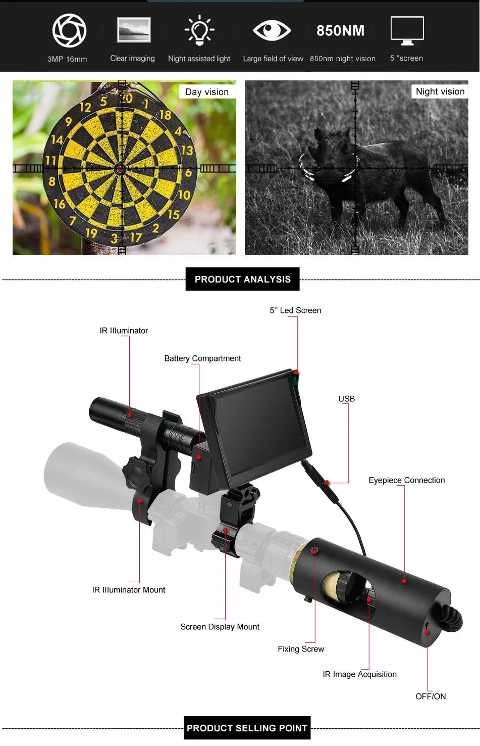 Night Vision Riflescope Hunting Scopes 850nm Infrared LED IR Waterproof Night Vision Hunting Camera