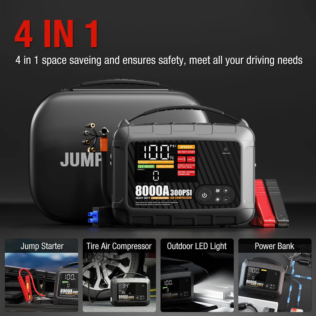 8000A Jump Starter 12V Car Battery Device, Portable Power Supply With Inflation Pump