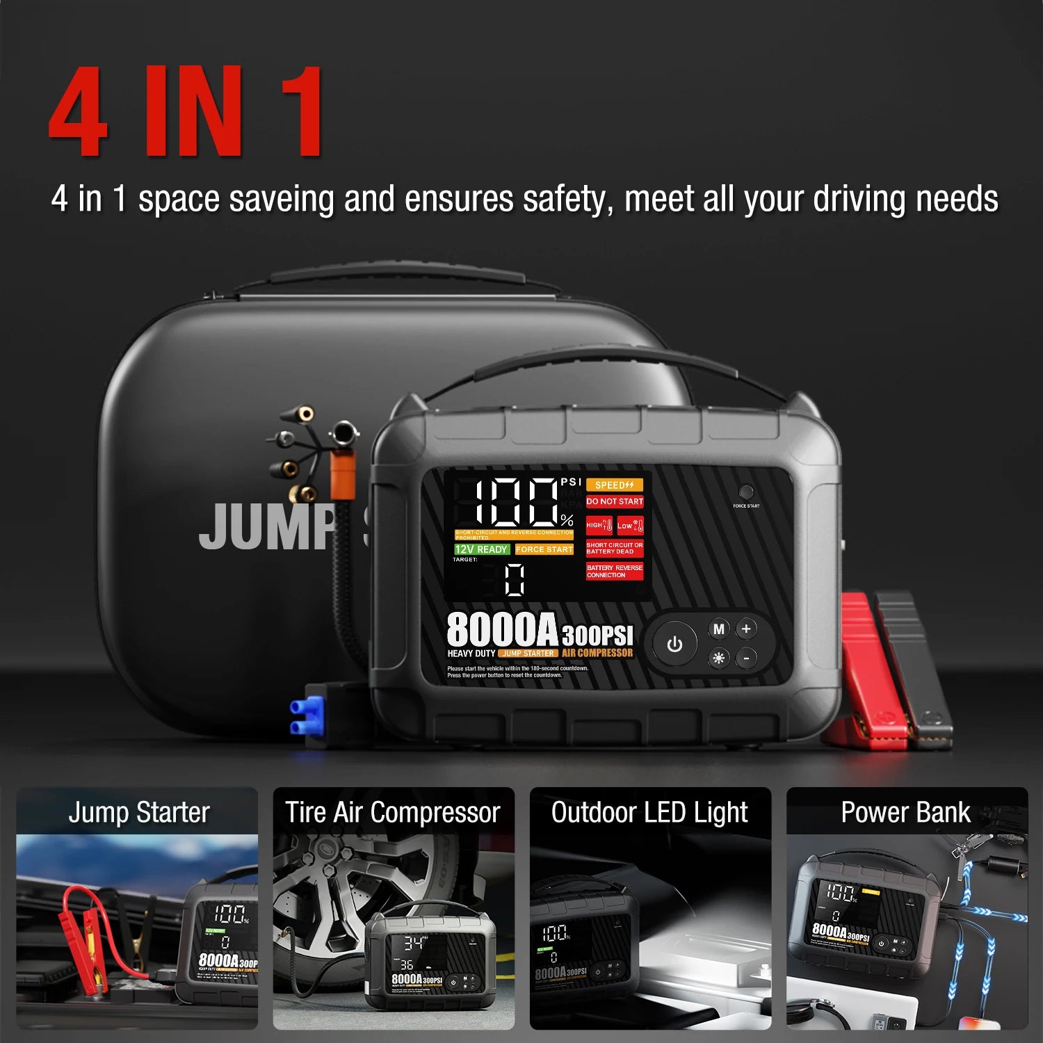 8000A Jump Starter 12V Car Battery Device, Portable Power Supply With Inflation Pump