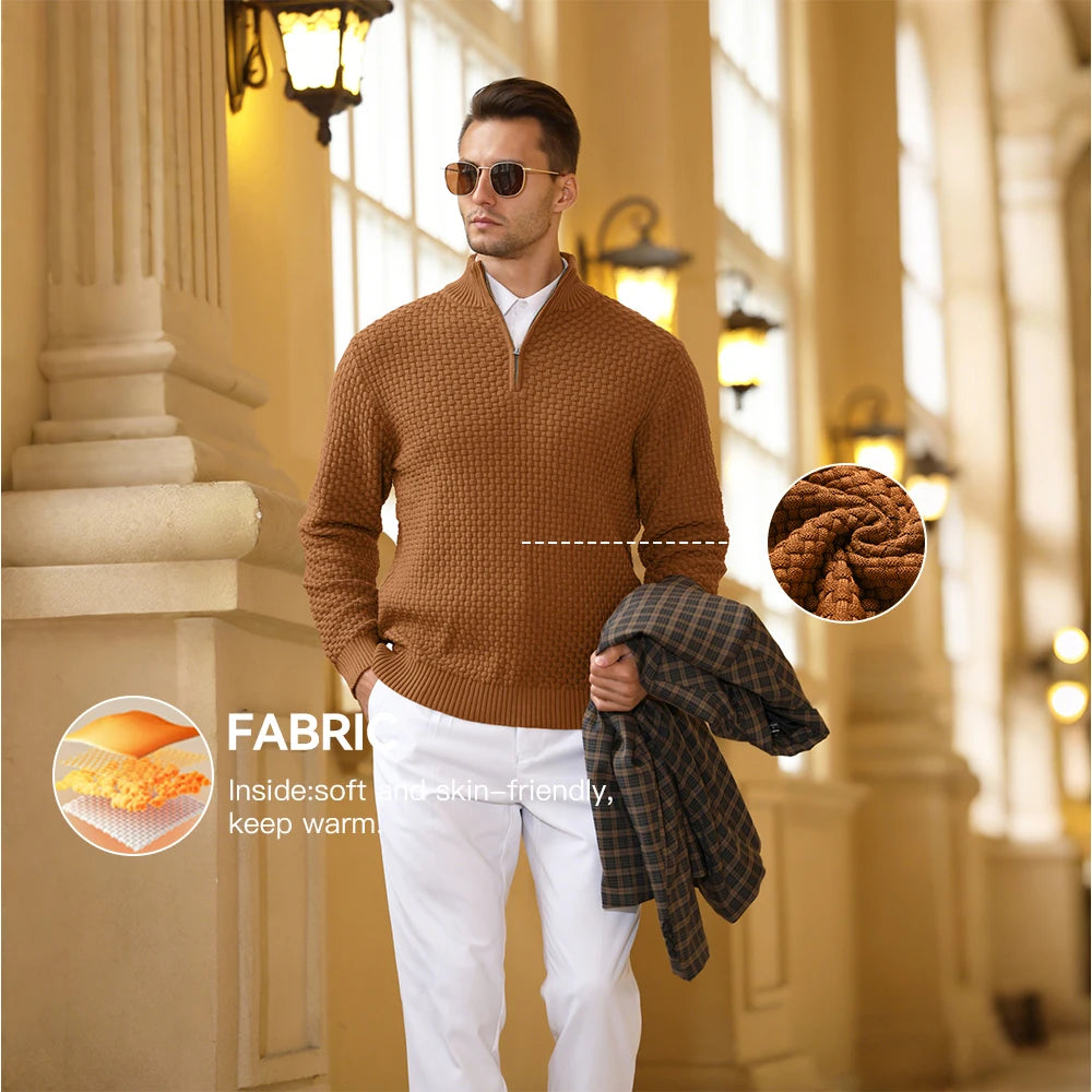 Men's Sweater  Polo Zip Pullover Cable Knit Mock Neck Turtleneck Top US Size