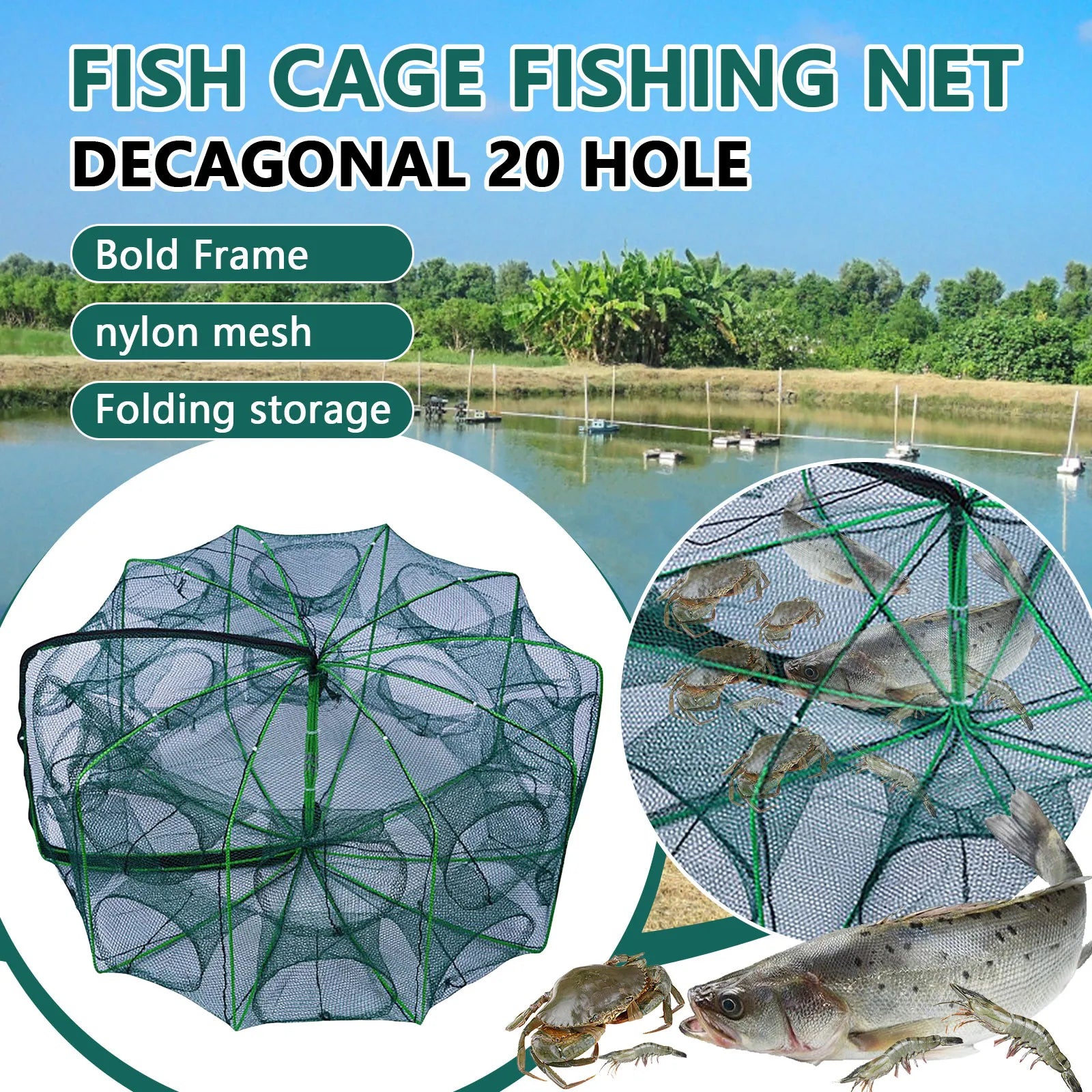 Folding fish cage trap fishing tool kit fish shrimp crayfish crab fishing net nylon material