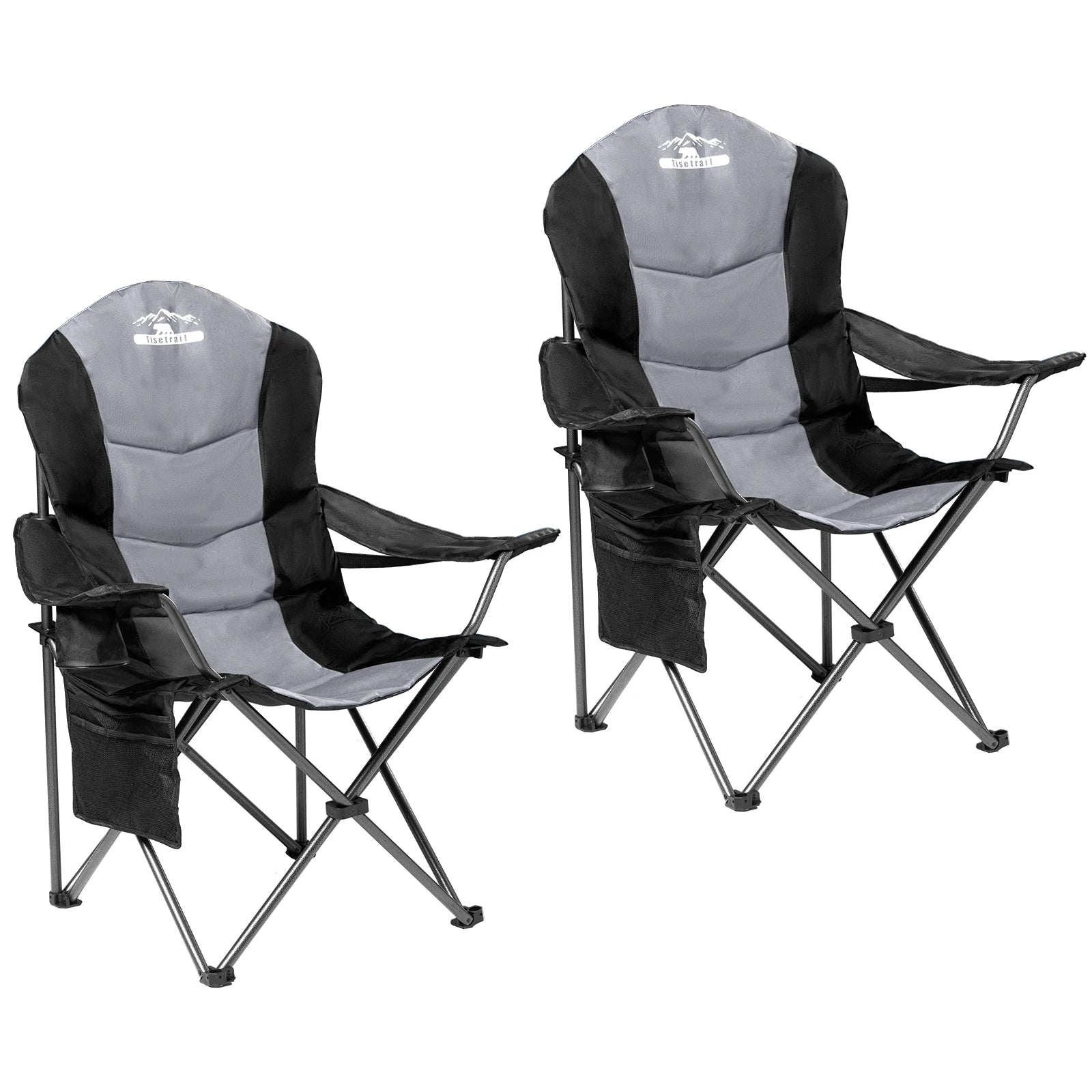 Tisetrail 2 Pack Folding Camping Chairs for Adults High Back Padded Lawn Chairs Portable Outdoor Camp Chair, Black & Gray
