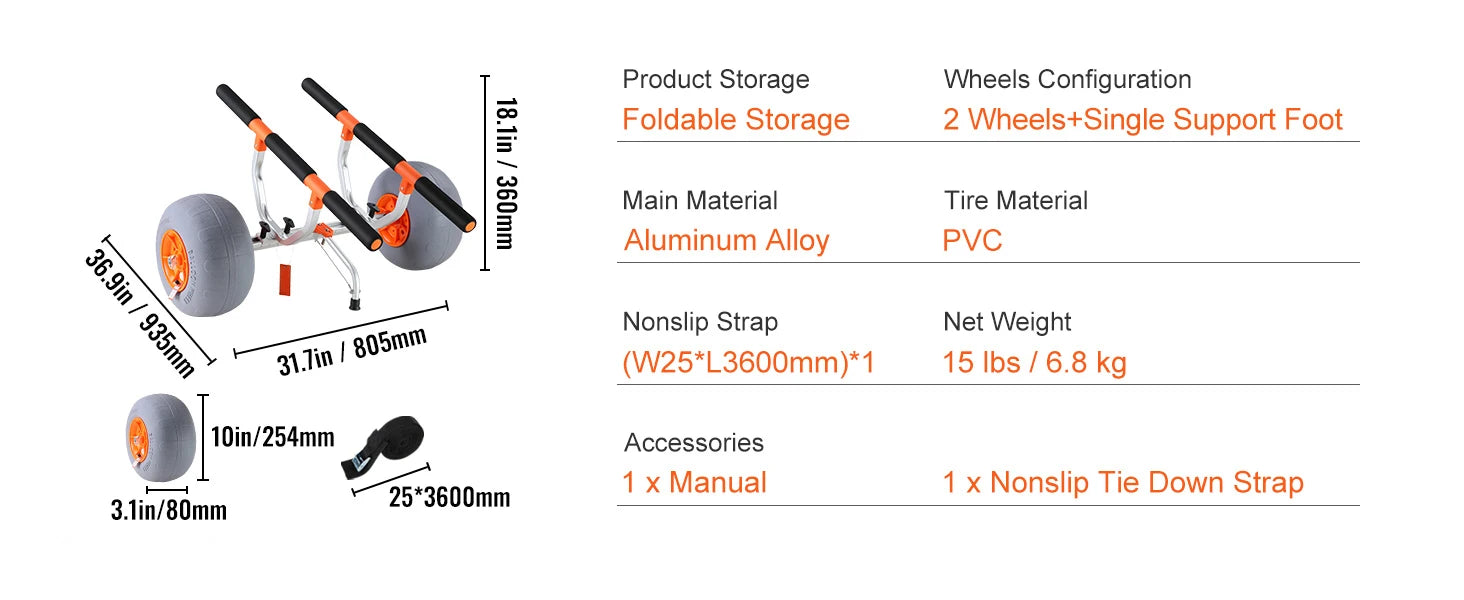 350lbs Kayak Trailer Cart Foldable Canoe, Kayak Trolley Cart with 12'' Tires