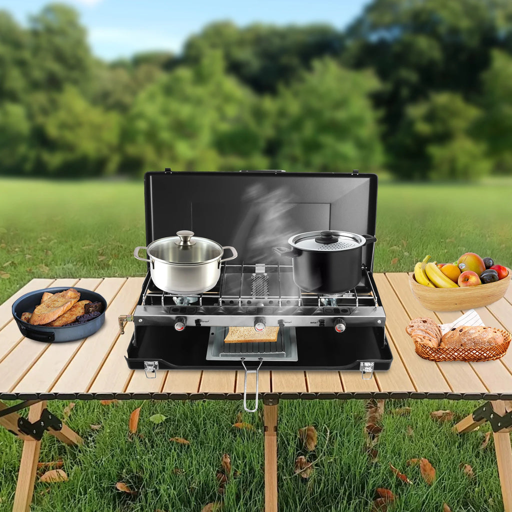 Portable Camping Stove with Griddle 3 Burner Propane Gas Stove