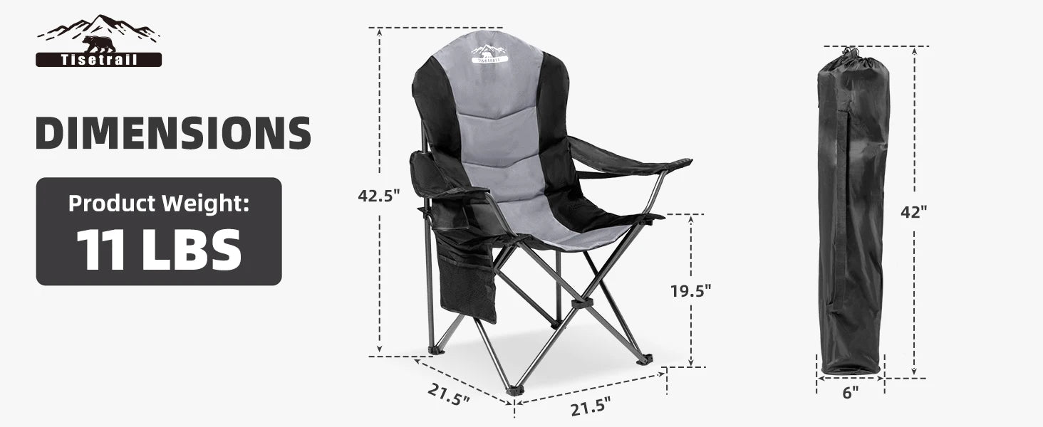 Tisetrail 2 Pack Folding Camping Chairs for Adults High Back Padded Lawn Chairs Portable Outdoor Camp Chair, Black & Gray