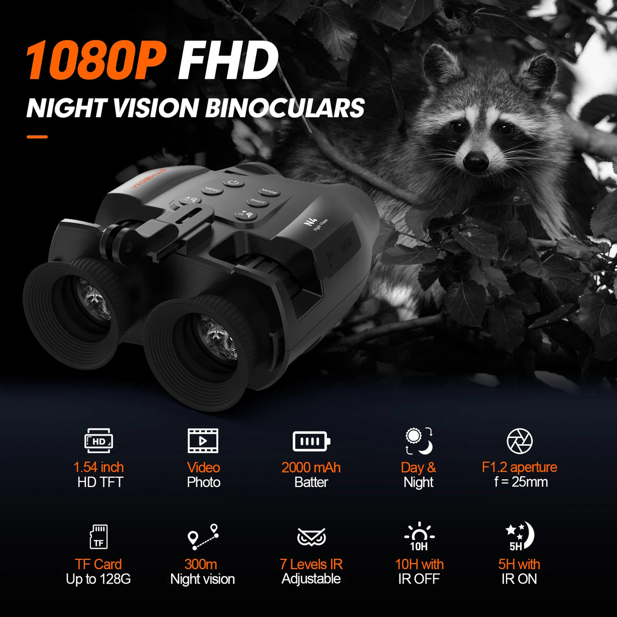 Night Vision Binoculars Featuring Adjustable Brightness 5x Zoom And 1080p