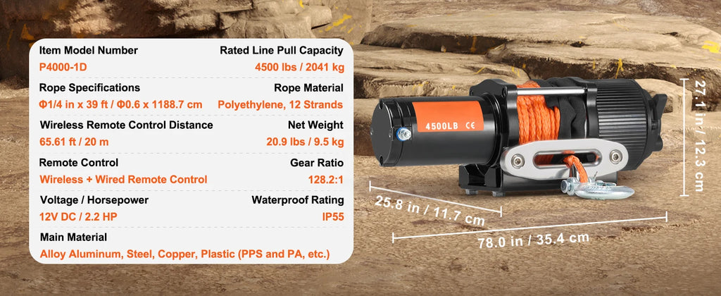 4500lbs ATV/UTV Electric Winch 12V with 39ft Synthetic Rope Wireless & Wired Remote Control