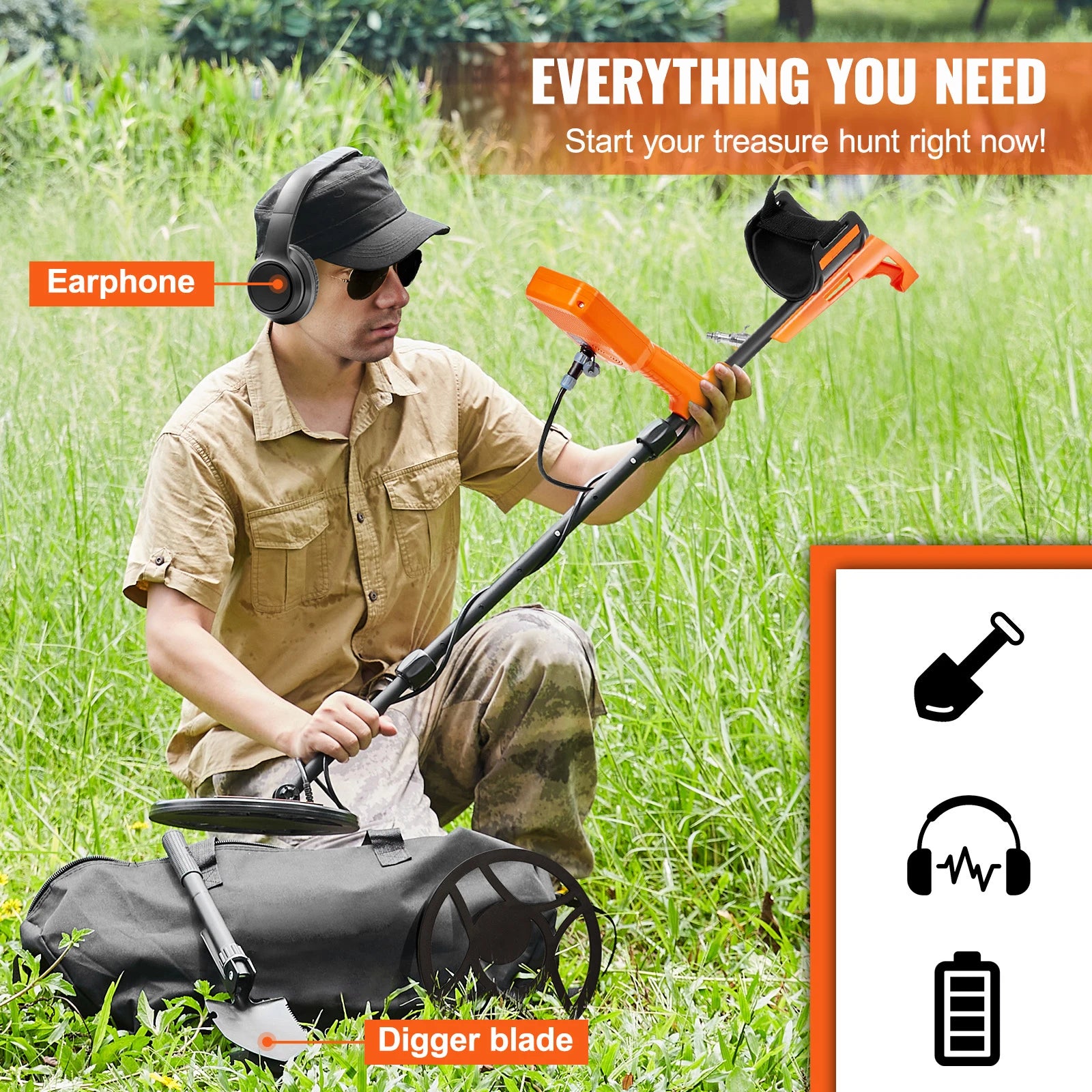 Rechargeable Metal Detector 12" IP68 Waterproof Coil 39-50 in Adjustable + LCD 7Modes