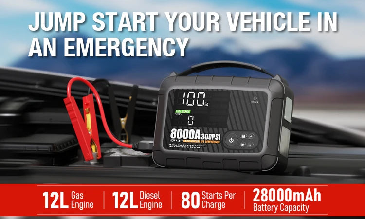 8000A Jump Starter 12V Car Battery Device, Portable Power Supply With Inflation Pump