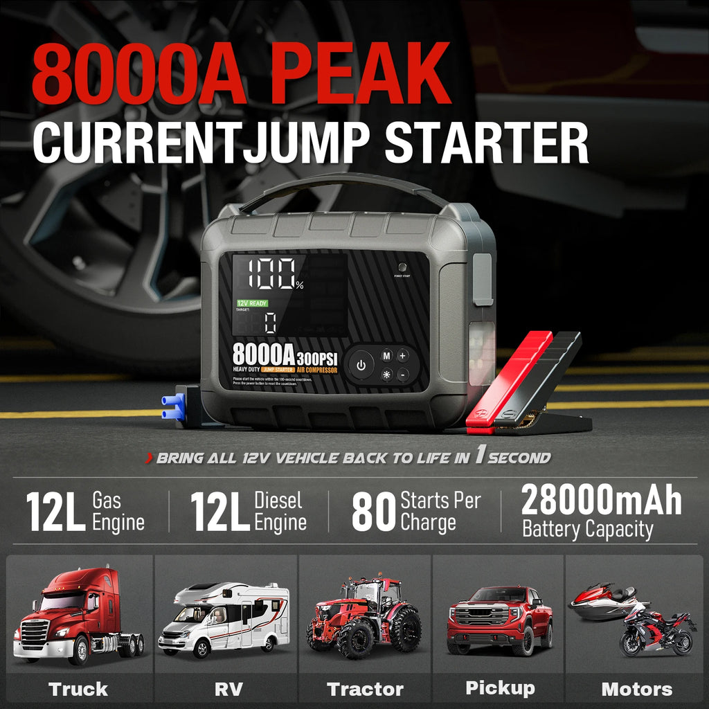 8000A Jump Starter 12V Car Battery Device, Portable Power Supply With Inflation Pump