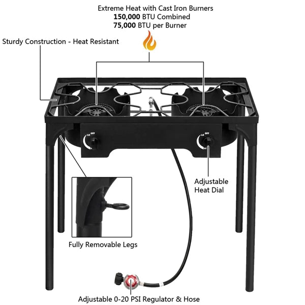 Outdoor Camp Stove High Pressure Propane Gas (Double Burner 150000-BTU)