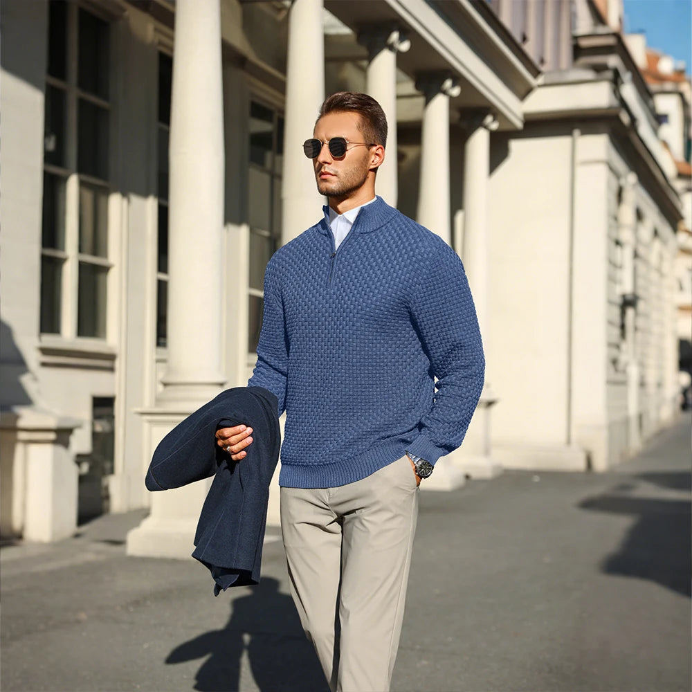 Men's Sweater  Polo Zip Pullover Cable Knit Mock Neck Turtleneck Top US Size
