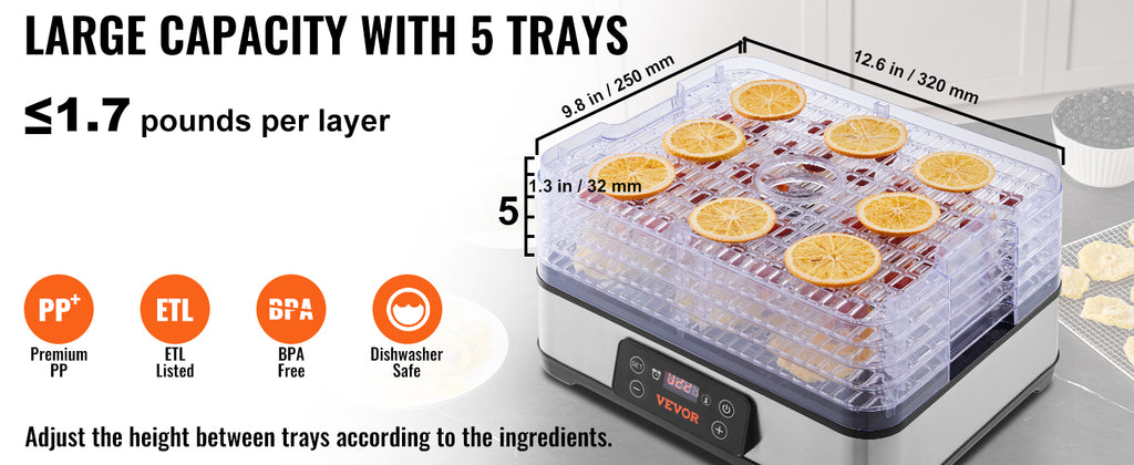 5 Tray Food Dehydrator Machine 300W Stainless Steel Electric Food Dryer