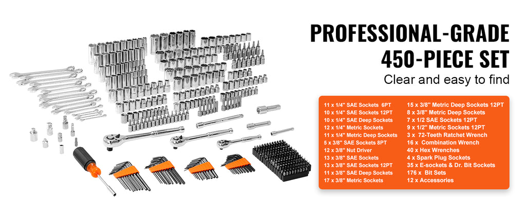 Mechanics Tool Set and Socket Set 1/4" 3/8" 1/2" Drive Deep Standard Sockets 450 Pcs